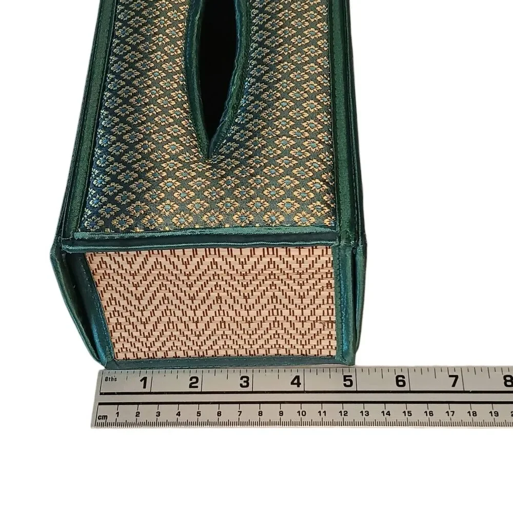 Handmade Woven Reed Tissue Box Holder Blue Green Brown Gold Rectangle Bohemian